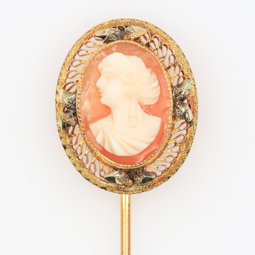 Vintage 10K Gold Shell Cameo Stick Pin Edwardian Filigree Portrait 1910s - Picture 1 of 5